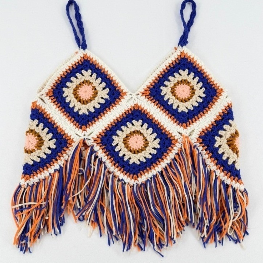 En Creme Crochet Fringe Tank Top Boho Festival Granny Square S/M - Picture 13 of 13